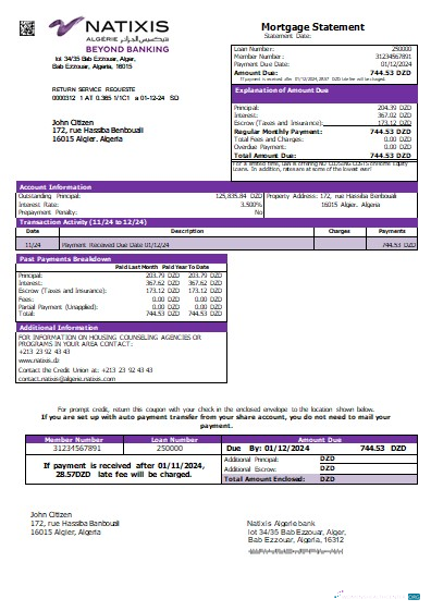Download Algeria Natixis Algerie bank mortgage statement scr Photoshop template